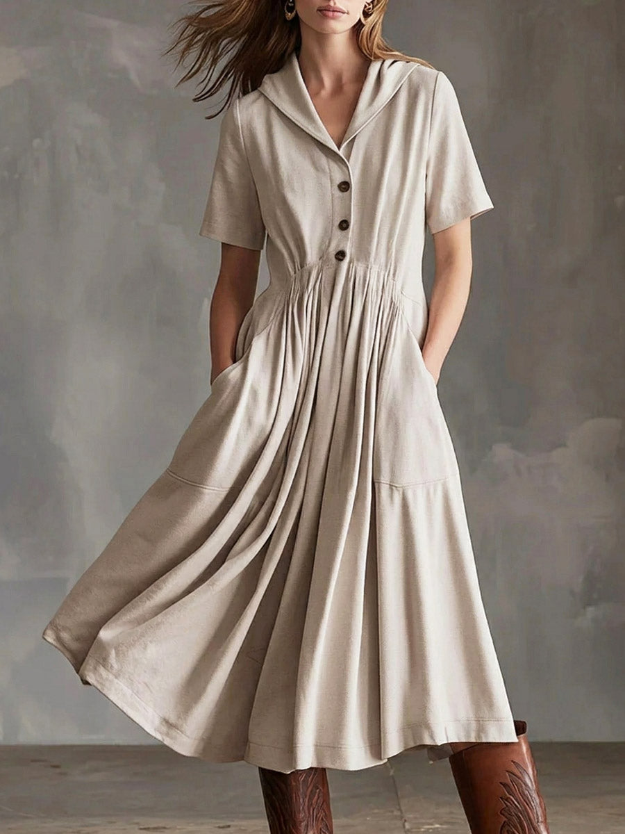 Women's Casual Stylish Lapel Short Sleeve Pockets Linen Midi Dress