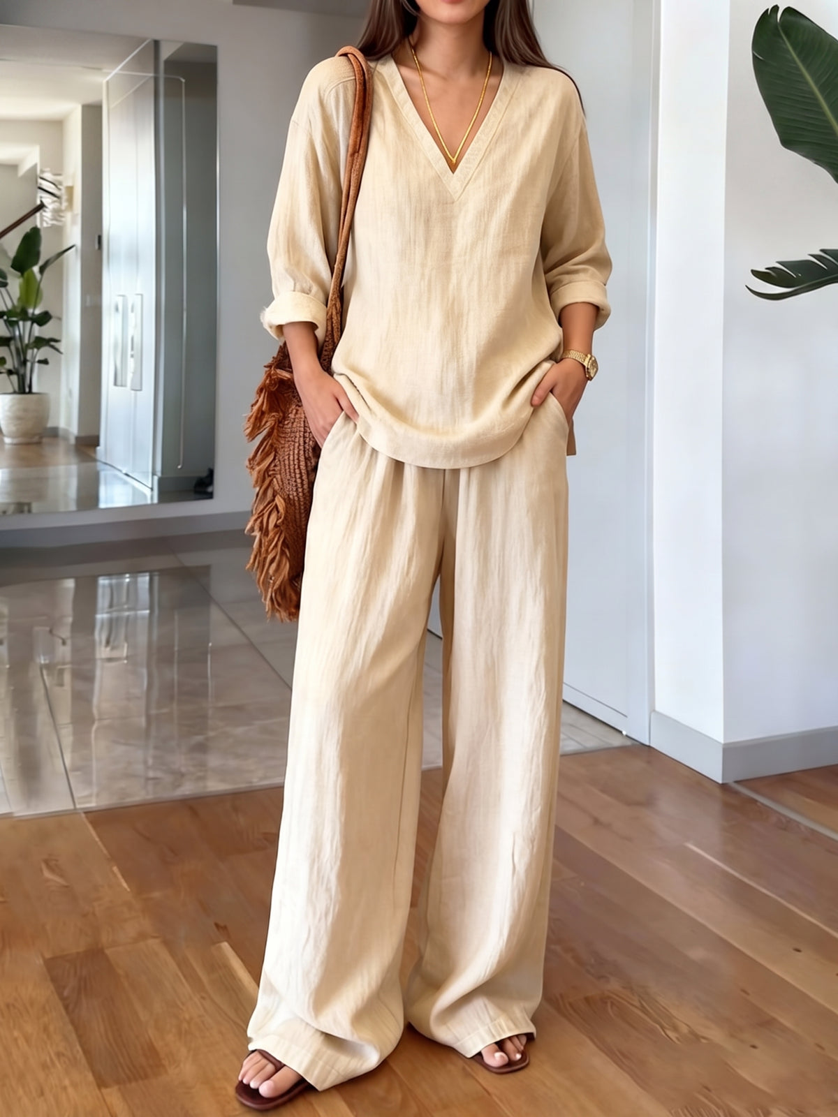 Women's Casual Long-sleeve V-neck Pullover & Pants Set – Washed Cotton (available In Multiple Colors)