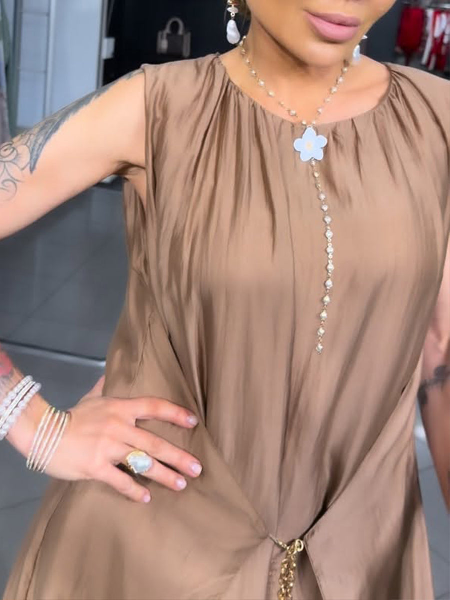 Stylish Tencel-cotton Sleeveless Dress Featuring Metal Chain Detailing.