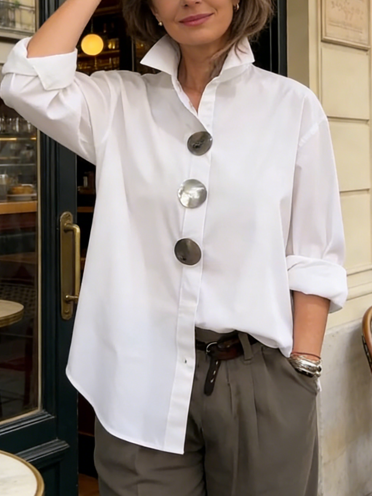 Elegant Stand-collar Metal Buttons Cotton Linen Blouse