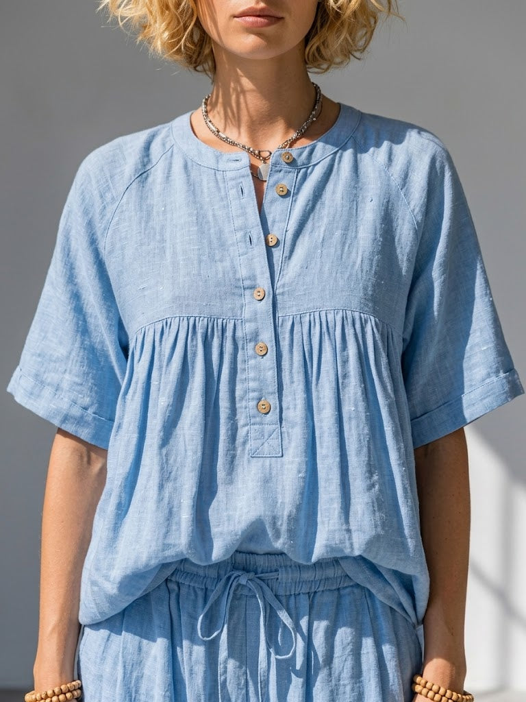 Comfortable And Casual Two-piece Set Featuring A Linen-cotton Top And Lantern Pants.