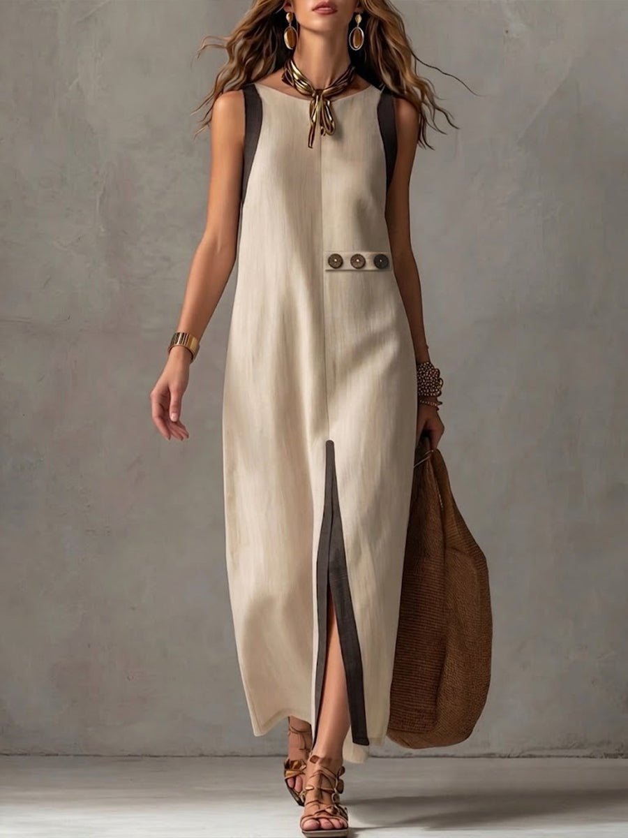 Color-block Linen And Cotton Sleeveless Dress