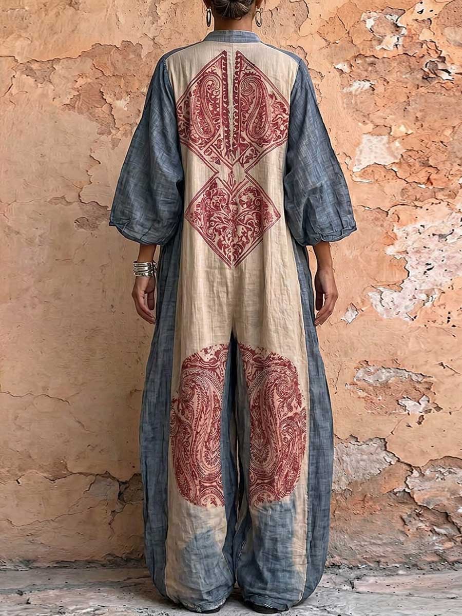 Women's Vintage Placement-print V-neck 3/4 Sleeve Casual Loose Cotton-linen Jumpsuit