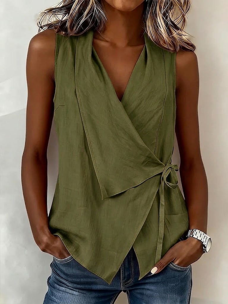 Casual Sleeveless Collared Linen-cotton Shirt