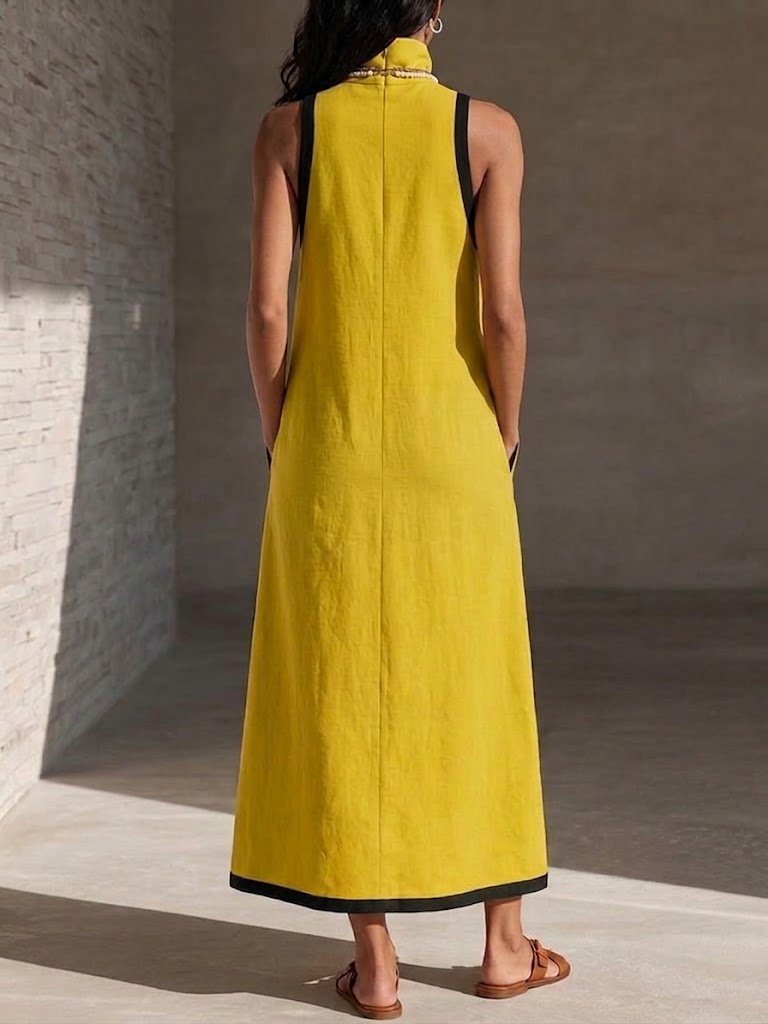 Casual Sleeveless Linen-blend Dress With Contrast Trim