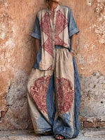 Women's Vintage Placement-print Cotton-linen Set: Short-sleeve Stand-collar Loose Casual Top & High-waisted Wide-leg Pants