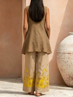 Retro Resort-style Sleeveless Round-neck Top With An Asymmetrical Hem And Wide-leg Linen Trousers Set