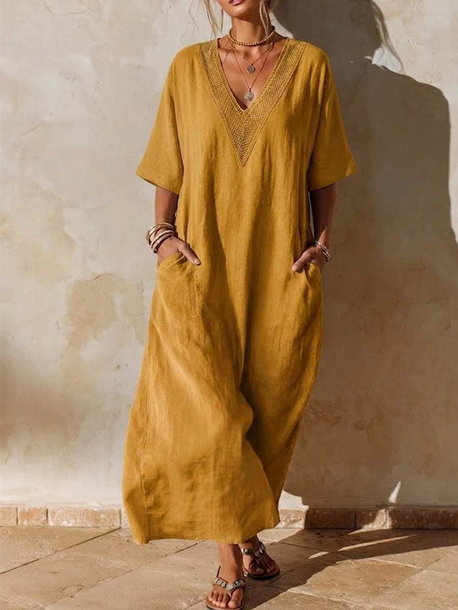 Retro-casual Resort-style V-neck Maxi Dress With Patch Pockets