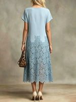 Women's Solid Floral Lace Spliced Satin Midi Dress