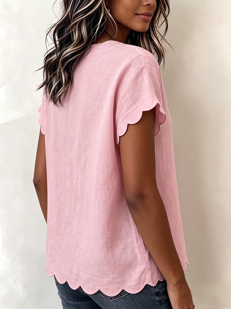 Sweet & Sophisticated Scallop Hem Summer Blouse - Relaxed Fit Solid Color Top