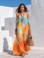 Vibrant Watercolor Halter Chiffon Maxi Dress