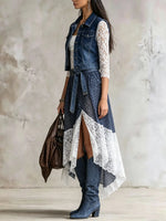 Women's Leopard Print Lace Spliced Denim Vest Irregular Midi Skirt Set