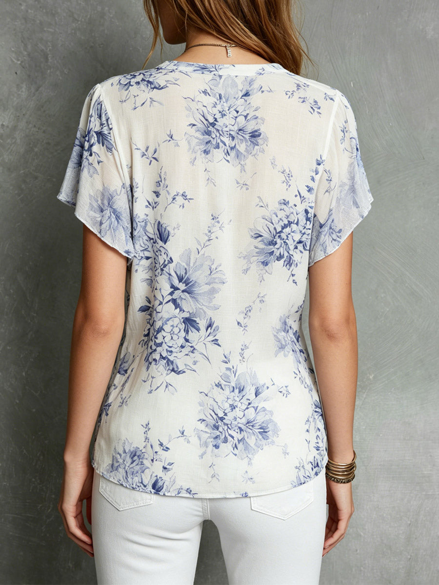 Women's Floral Pattern Ruffled Art Casual Stylish Short Sleeve Shirt