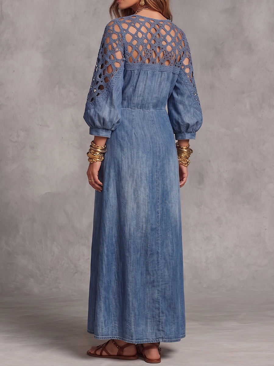 Vintage Elegant Denim Cut-Out Lace Patchwork Dress