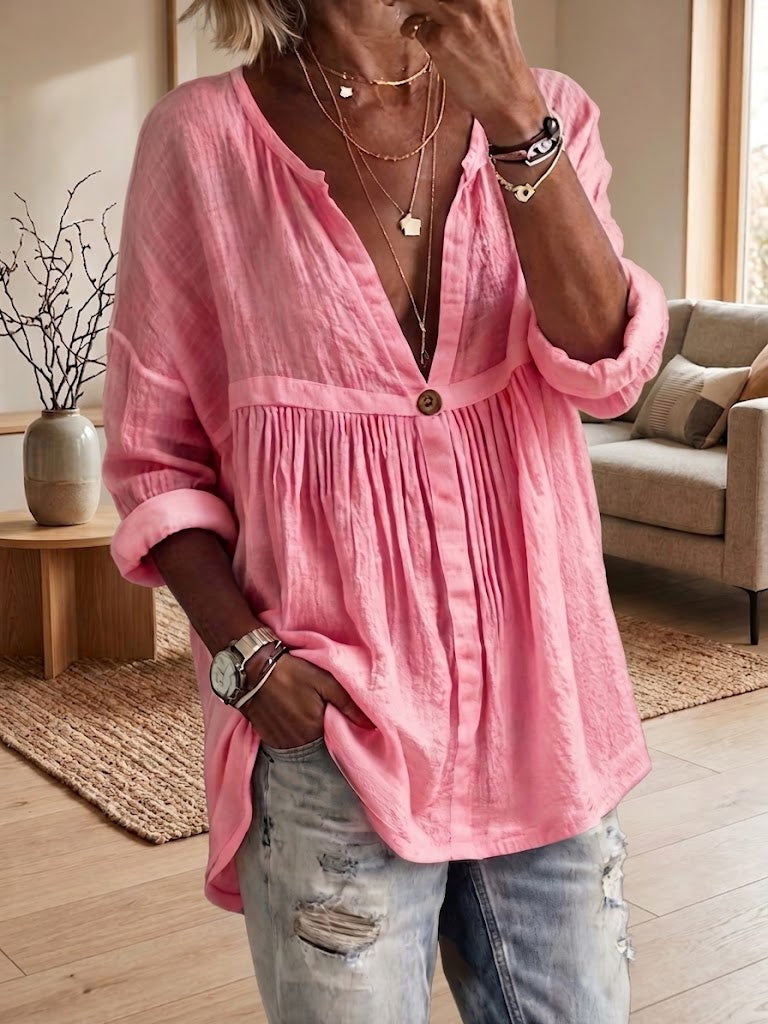 Women's Casual Loose Solid-color Long-sleeve Button-front Pullover Shirt