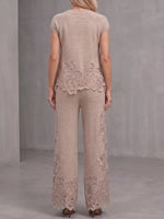 Elegant Lace-appliqué Knit Top & Wide-leg Pant Set