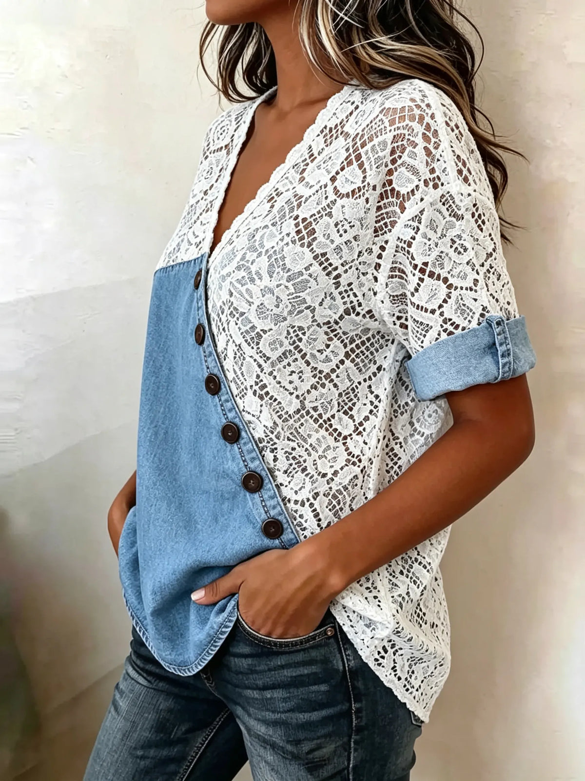 Women's Solid Floral Lace Spliced Denim Diagonal Button Short Sleeve Top