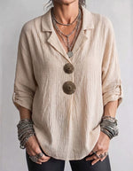 Women's Textured Pleated Linen Shirt With Turn-down Collar And Metal Buttons, Loose-fitting Casual Top