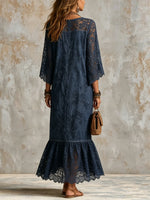 Women's V-Neck Floral Lace Ruffle Maxi Dress