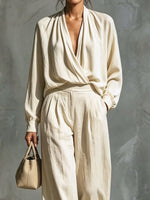 Women's V-Neck Art Casual Top And Pants Cotton And Linen Two-piece Set