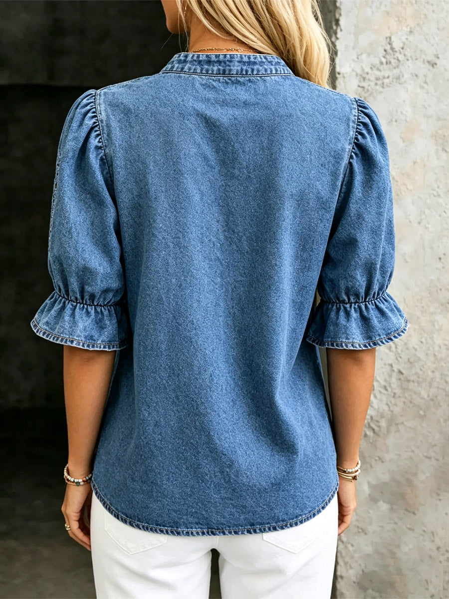 Ruffle Hollow Floral Denim Loose Art Casual Short Sleeve Shirt