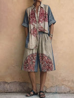 Women's Vintage Placement-print Cotton-linen Set: Short-sleeve Collared Loose Top & High-waisted Wide-leg Shorts