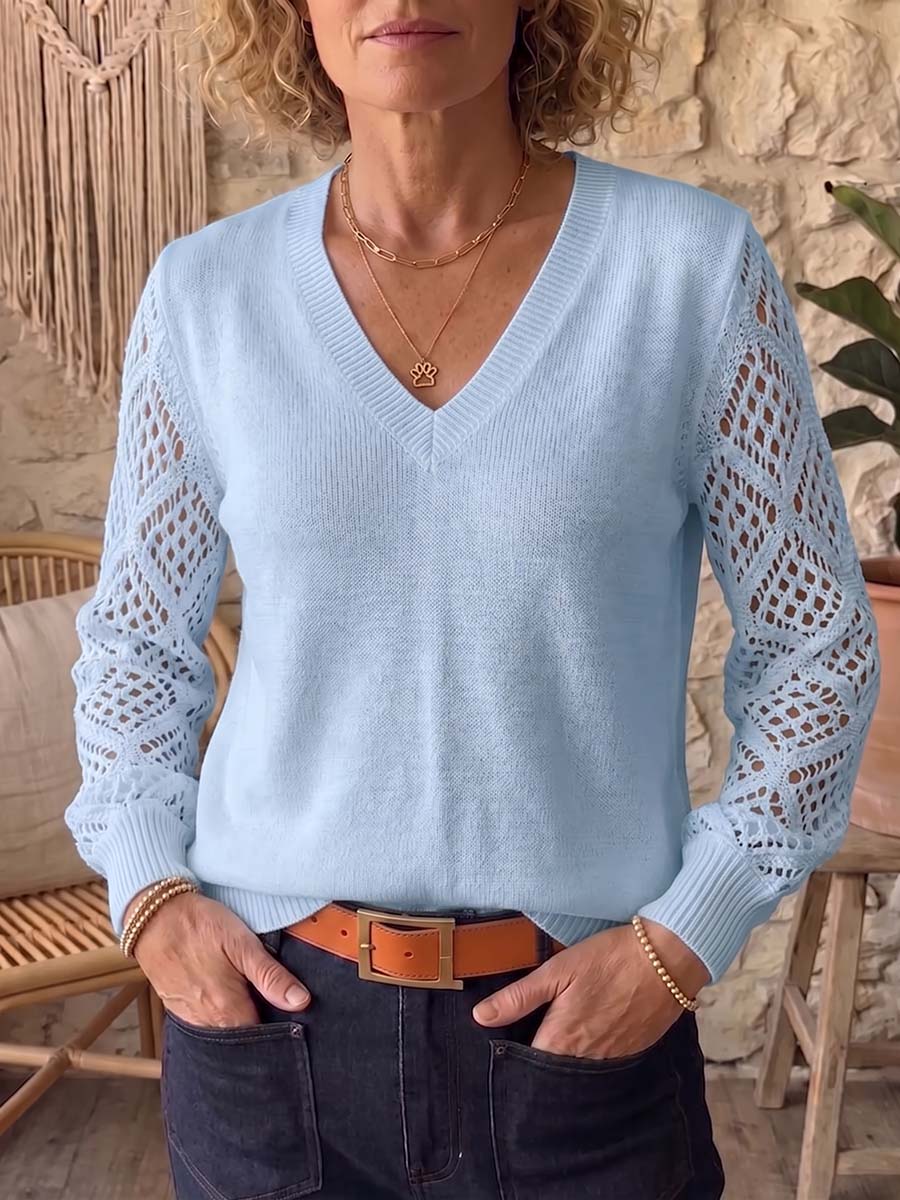 Women's Solid Color V-neck Long-sleeve Casual Loose Cut-out Knit Pullover