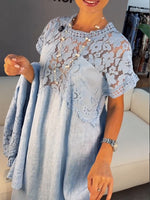 Elegant Dress Featuring A Spliced design Of Lace, Linen, And Cotton.