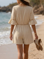 Casual Linen-cotton Blend Romper With Cut-out Tape Detailing And Spliced panels