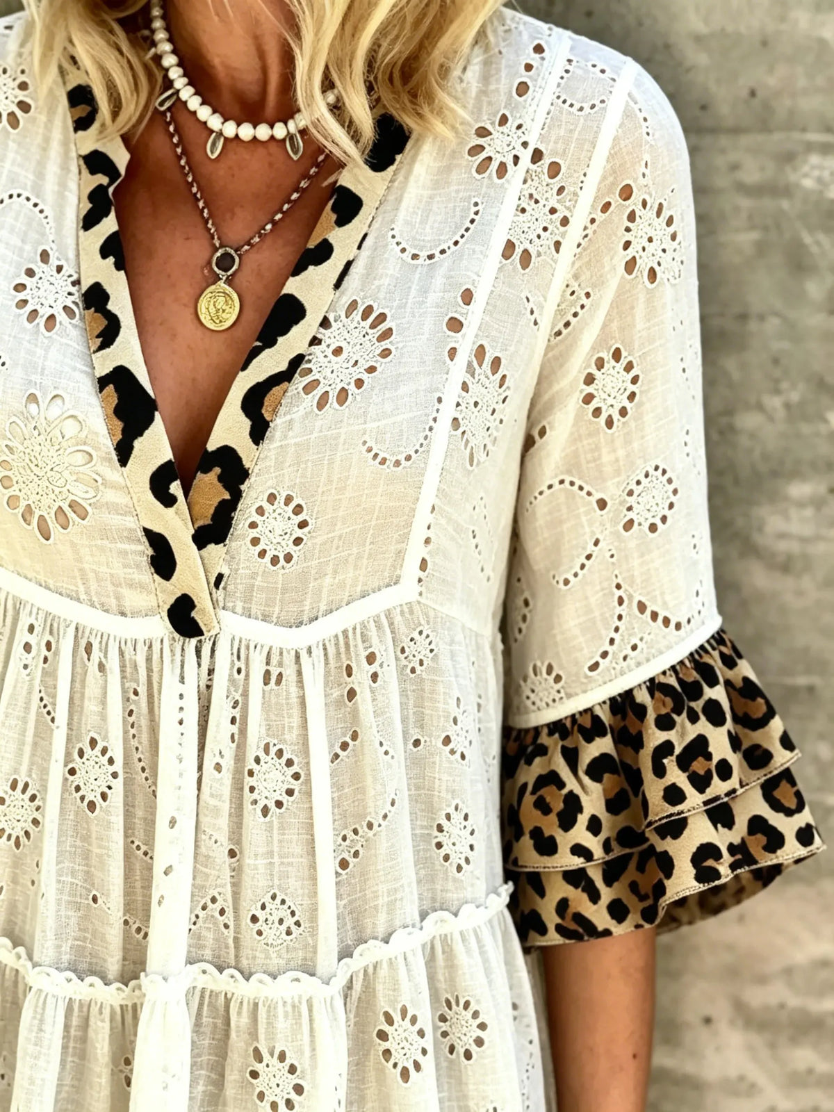 Women's Eyelet Embroidery Color Block Leopard Print V Neck Ruffle Babydoll Mini Dress
