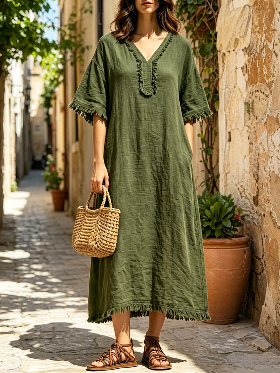 Women's Casual Stylish V-Collar Short Sleeve Cotton Linen Midi Dress