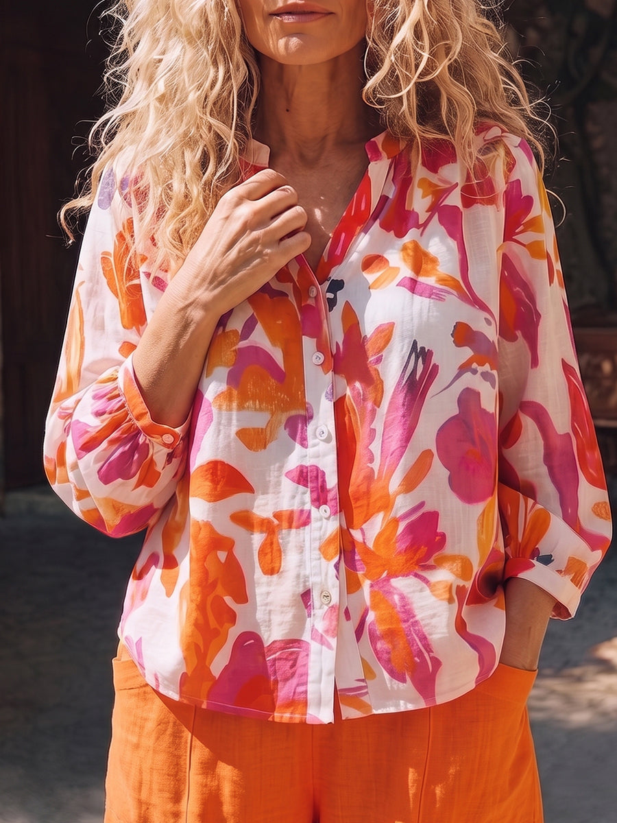 Artistic Floral Print Cotton-linen Two-piece Set