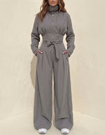 Women's Two-piece Casual Utility Set Featuring A Short, Stand-collar Zip-up Jacket And Wide-leg Trousers With A Tie-waist.