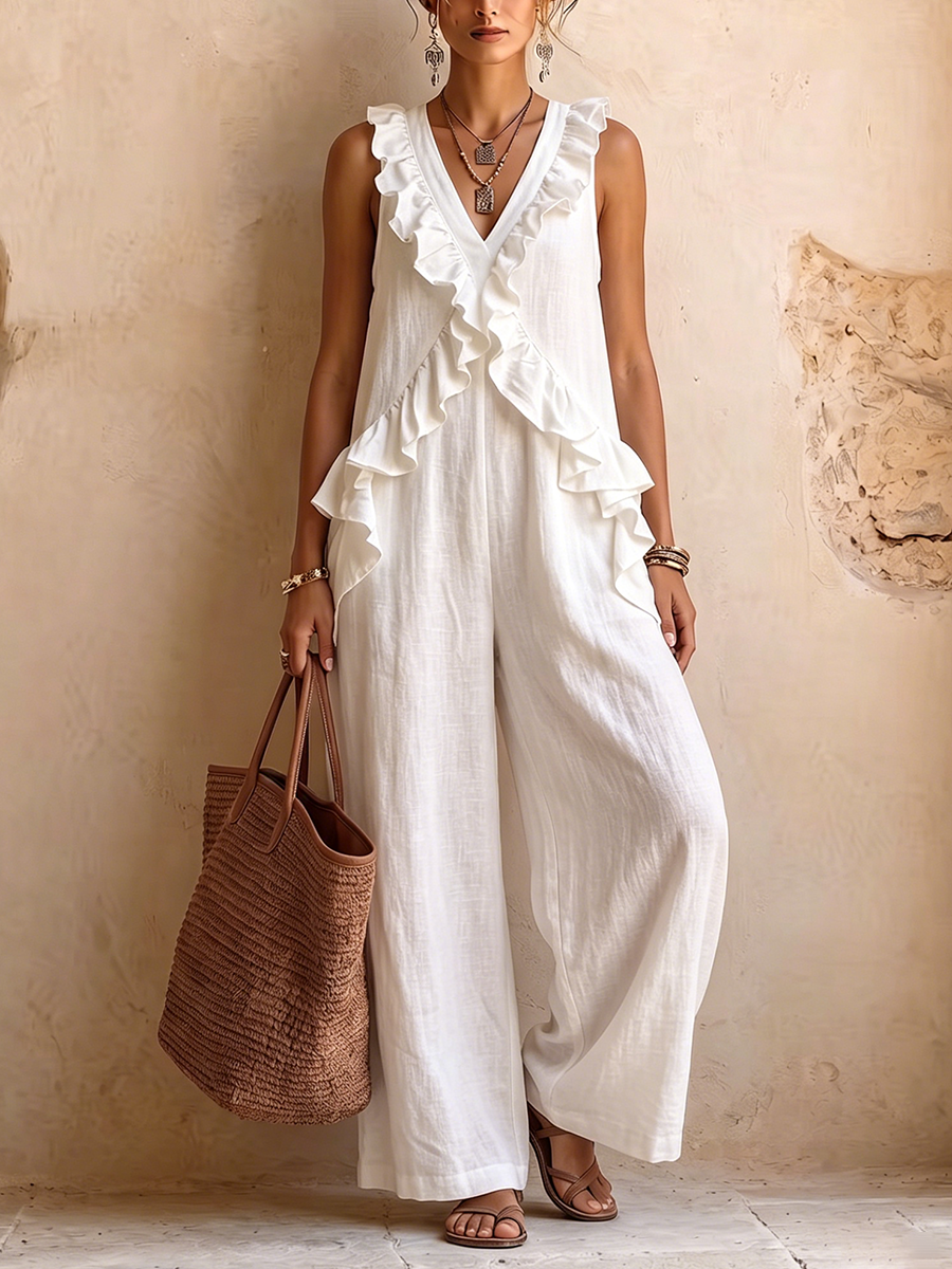 Minimalist Elegance Ruffled Cotton-linen Jumpsui