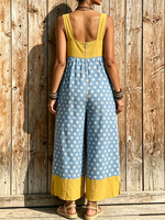 Retro-vacation Style Cotton-linen Wide-leg Jumpsuit Featuring Color-blocked Polka-dot Paneling, A Square Neckline, Sleeveless Design, And Side Slits