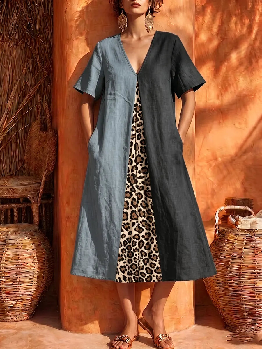 Bold Leopard-Panel Color-Blocked Linen Midi Dress