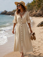Casual Linen-cotton Button-front Dress With Spliced cut-out Webbing Details