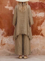 Vintage-style Casual Bohemian Linen-cotton Cardigan And Trousers Two-piece Set