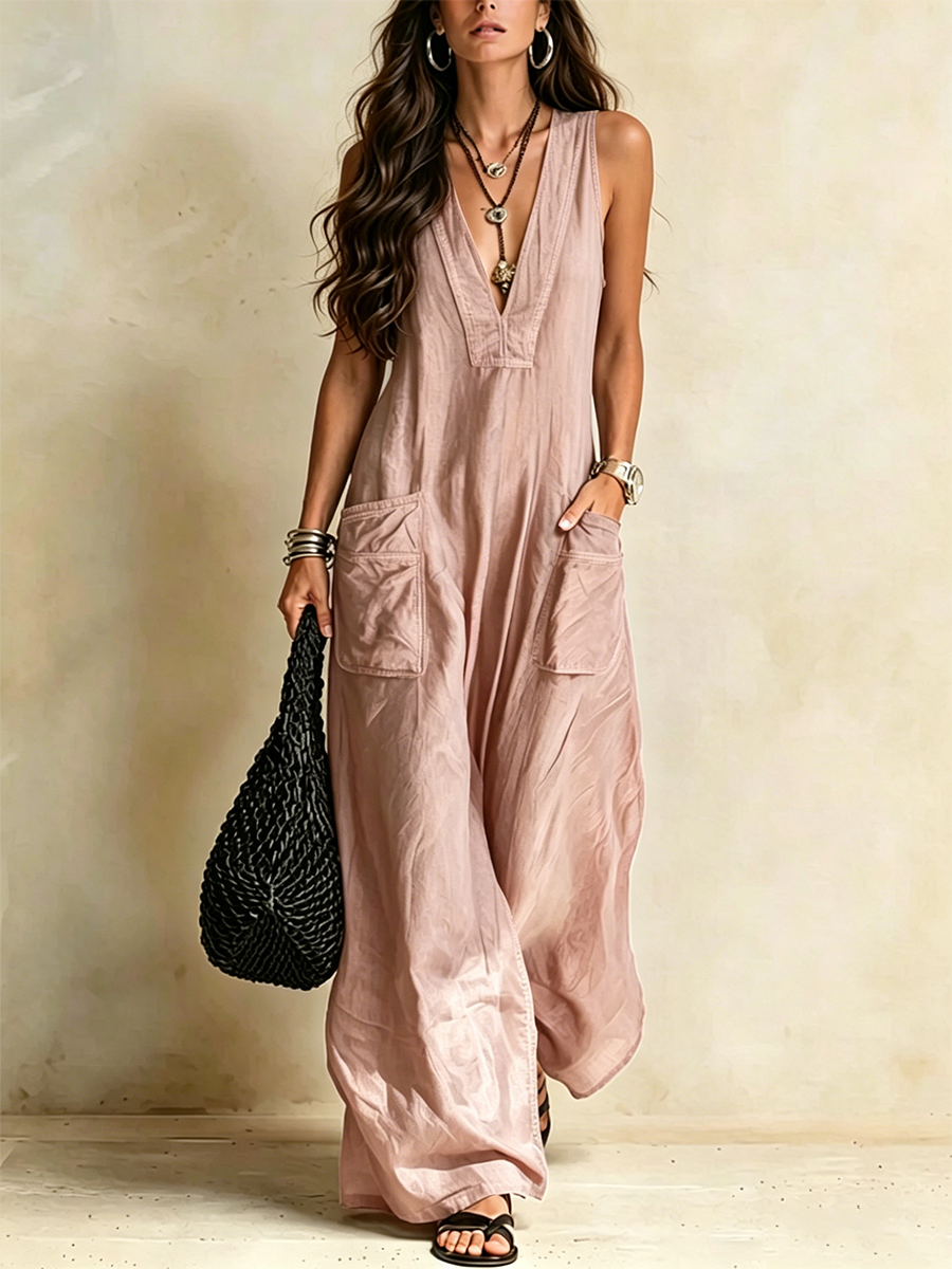 V-neck Sleeveless Loose-fit Utility Jumpsuit With Large Patch Pockets