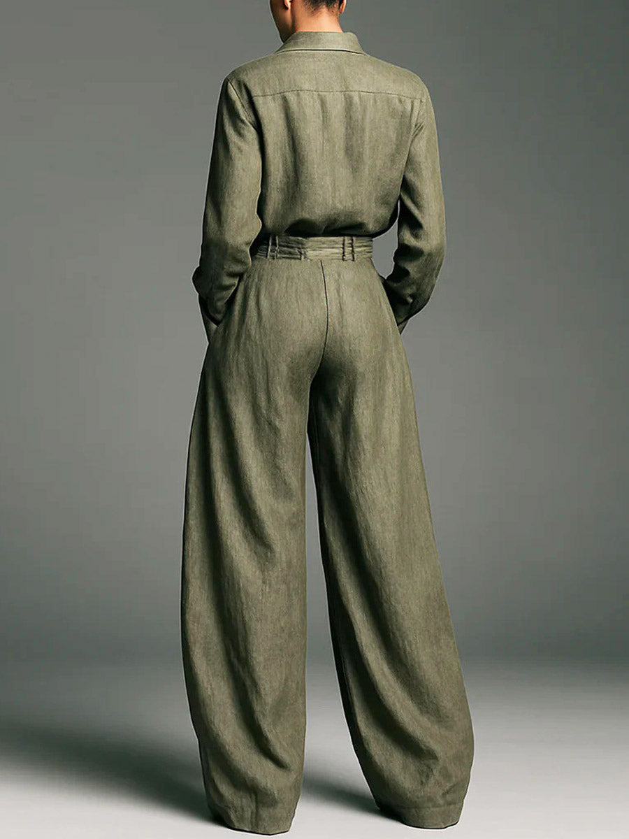 Women's Solid Color Art Casual Lapel Top And Pants Two-piece Set