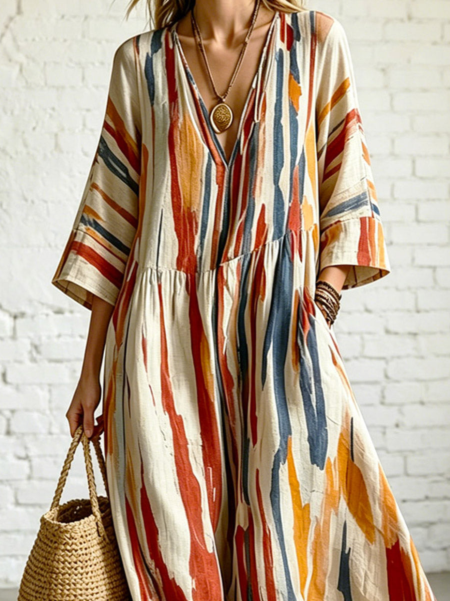 Women's Abstract Striped Art Casual Stylish V-collar 3/4 Sleeve Cotton Linen Maxi Dress