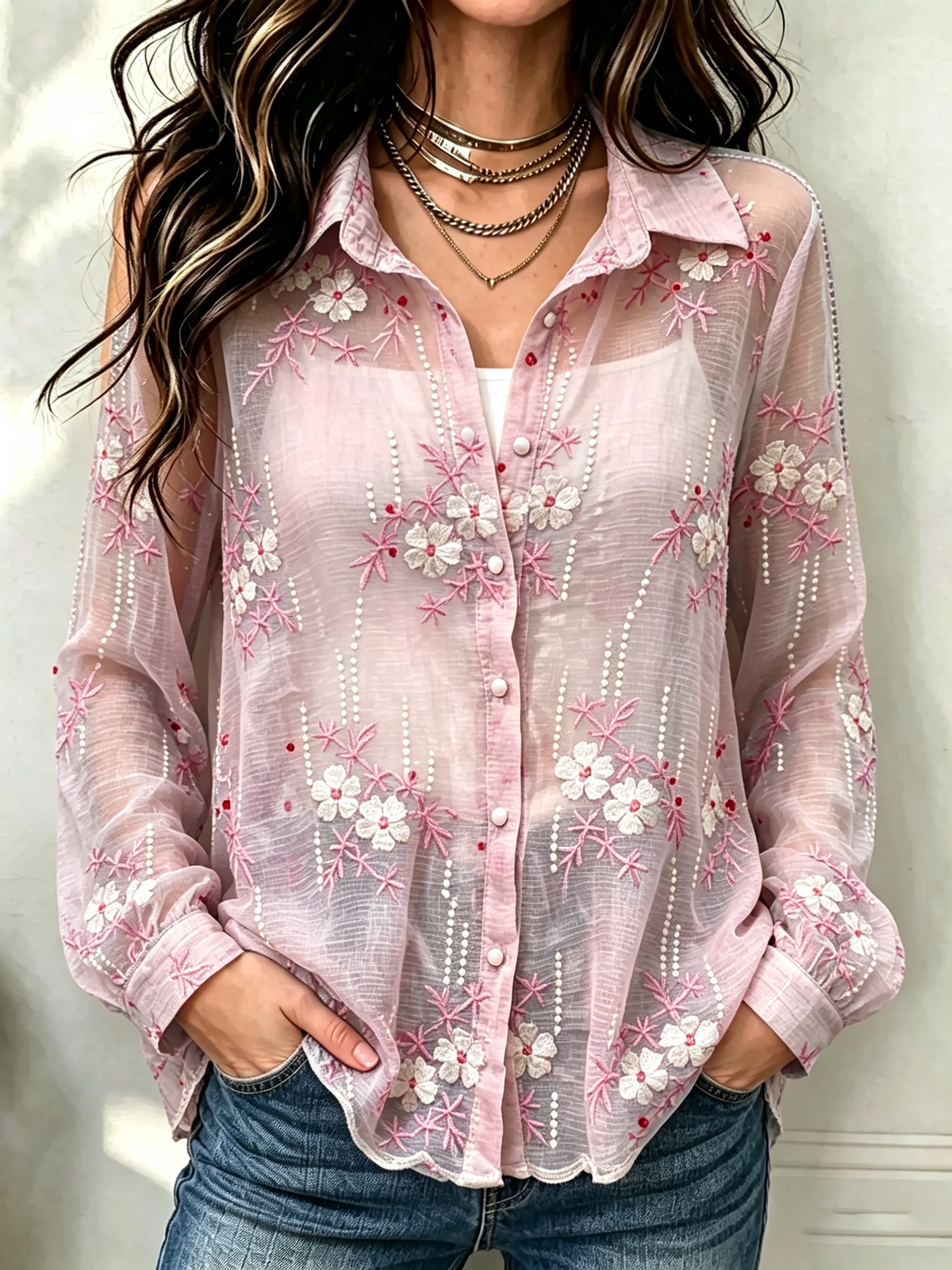 Women's Floral Embroidered Sheer Shirt