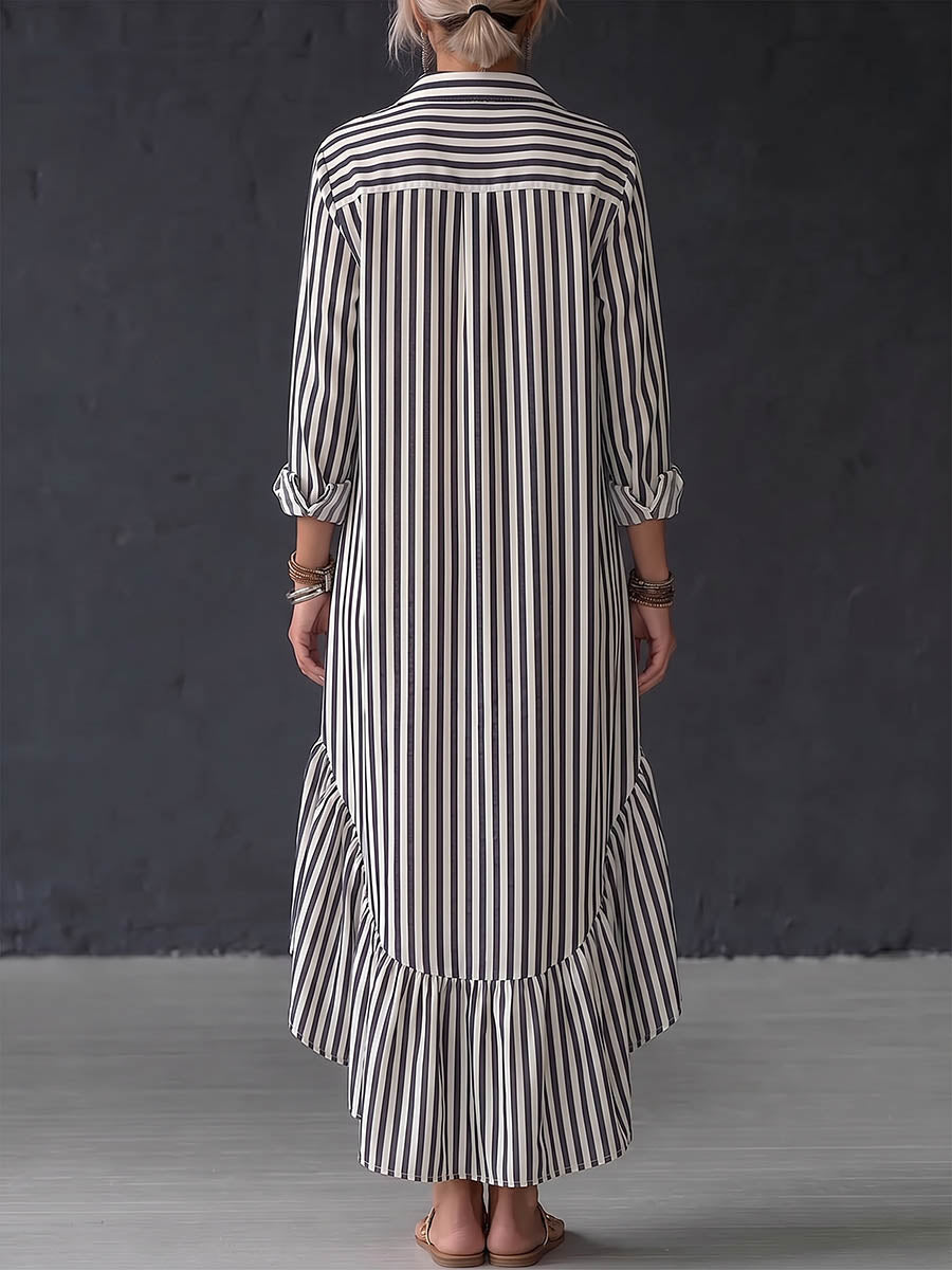 Women's Striped Print Cotton-linen Casual Loose Dress With Collar And Long Sleeves