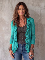 Boho-Chic Turquoise Ruffled Open-Front Knit Cardigan