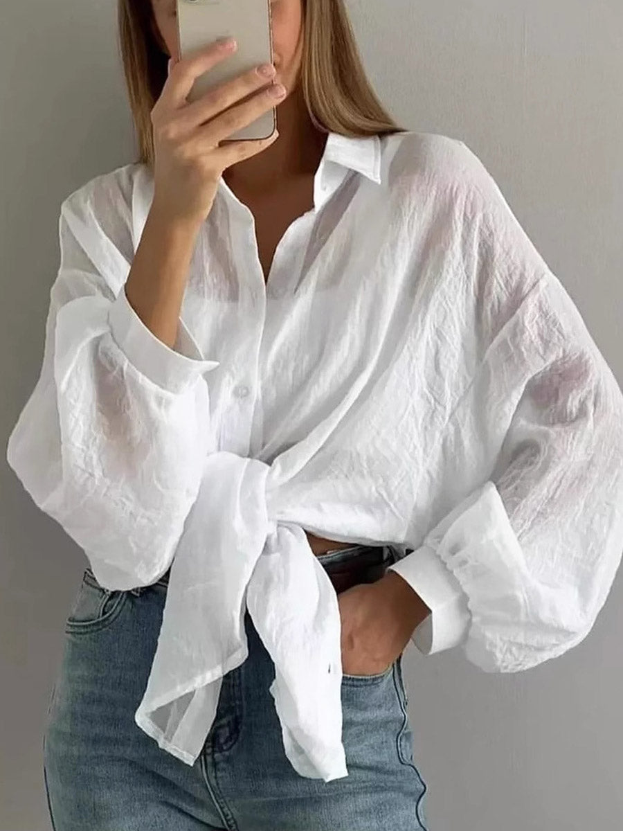 Women's Casual Stylish Knot Loose Sheer Lapel Long Sleeve Shirt