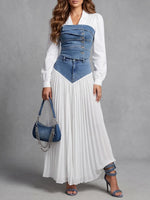 Modern Denim Corset & Flowing Pleated Skirt Set