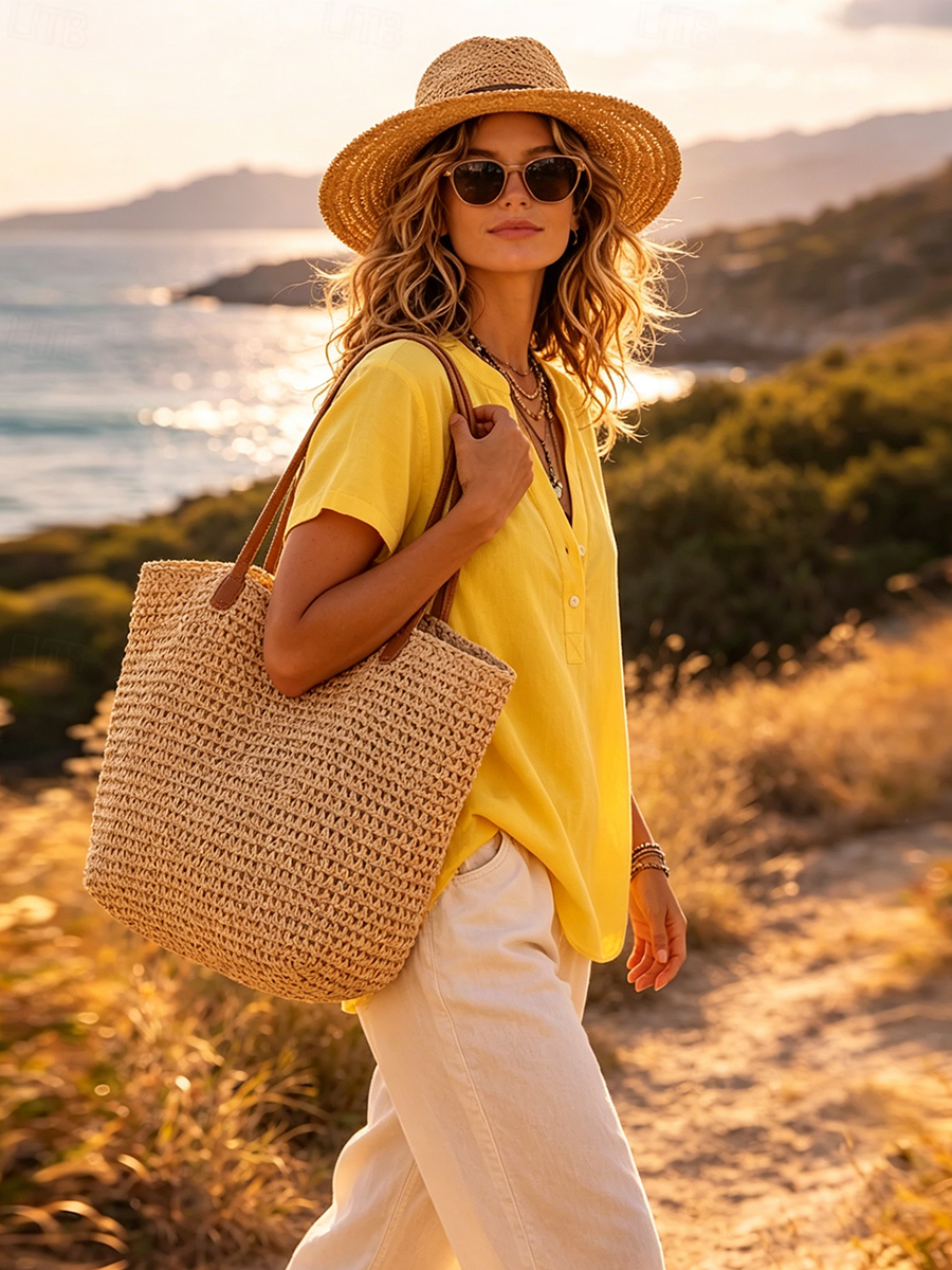 Relaxed Sunny Yellow Cotton-linen Henley Shirt