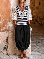 Vintage Elegant Openwork Lace Patchwork Knit Puff Sleeve Shirt Top