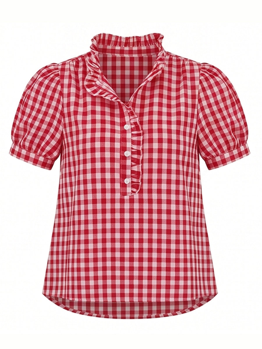 Casual Linen-cotton Plaid Shirt With A Ruffle Collar