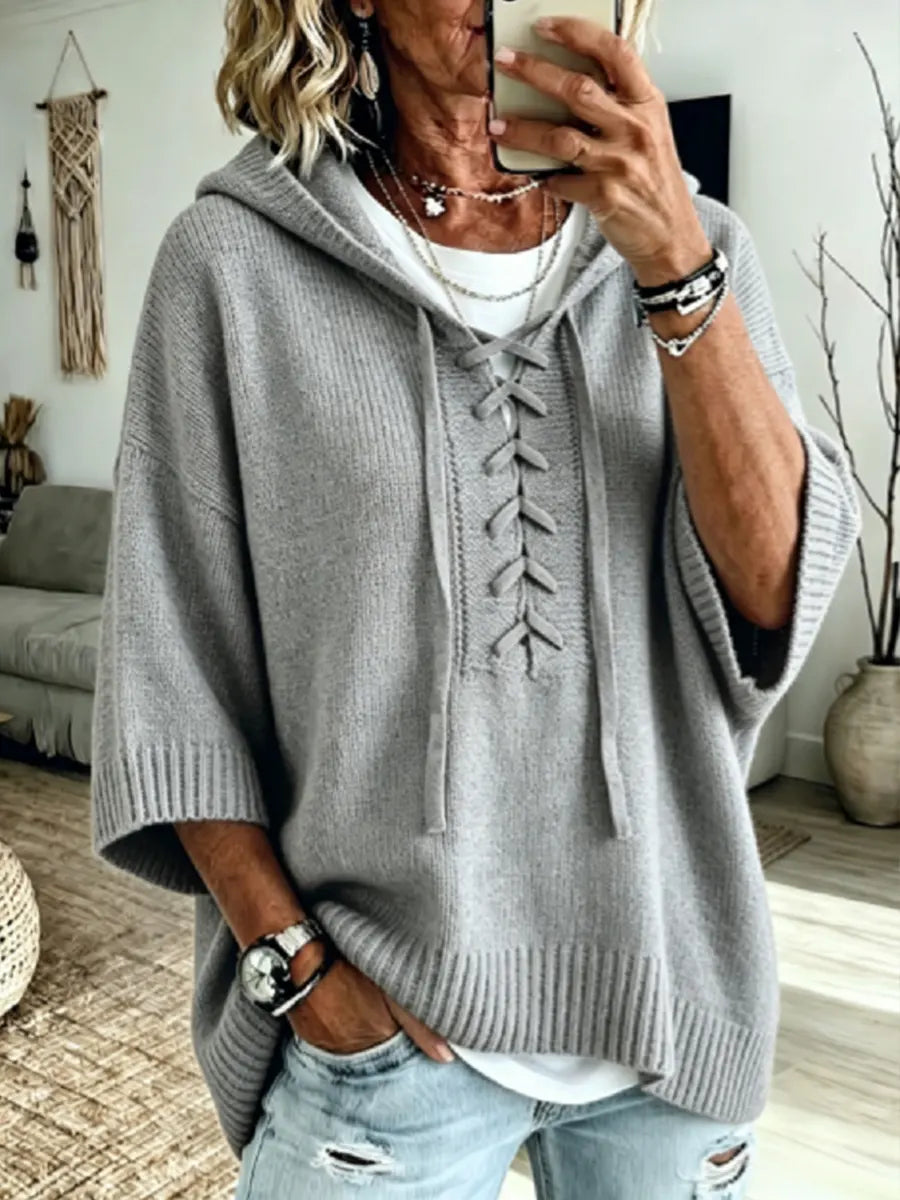 Cozy Knit Lace-Up Hooded Sweater